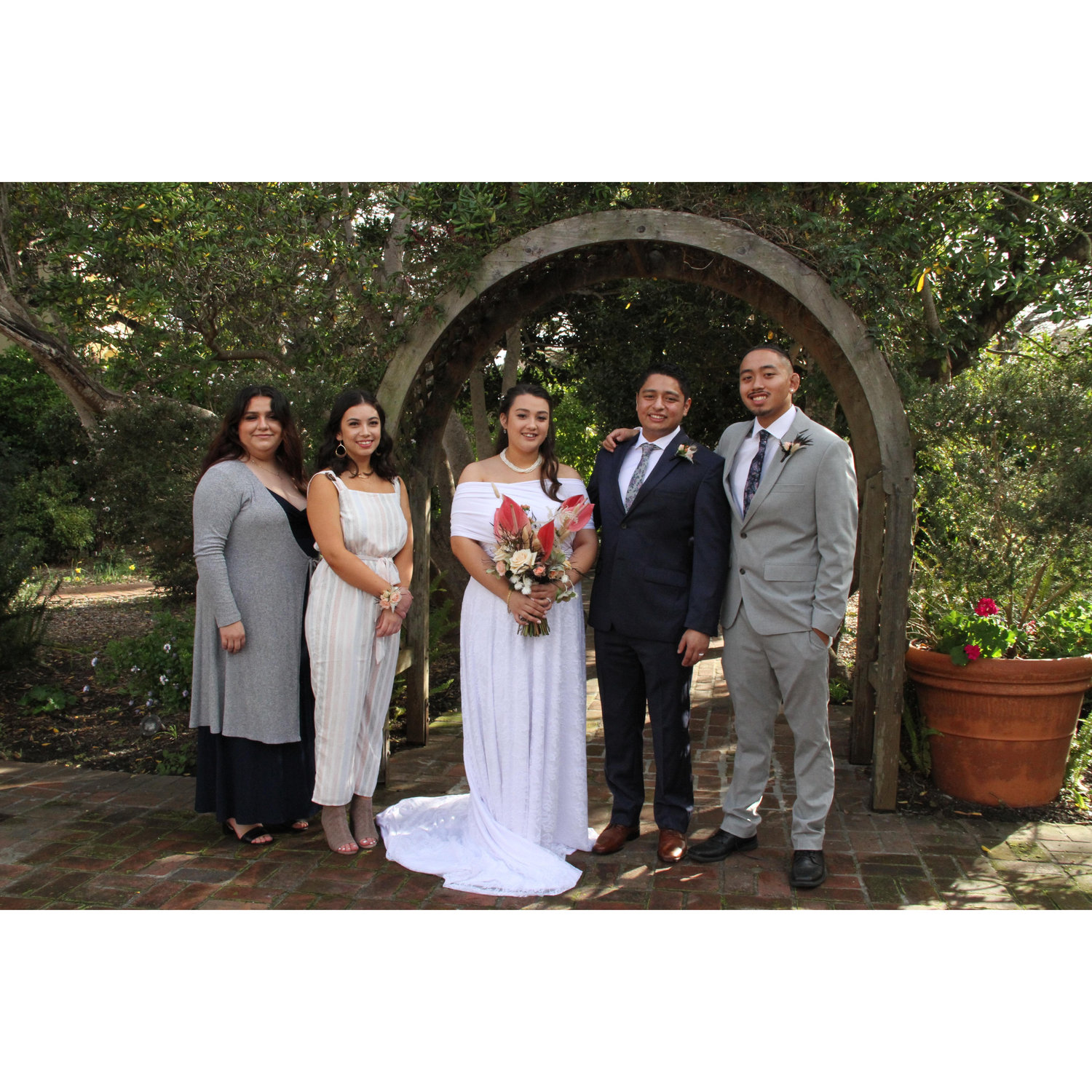 Jubilee, Marissa, Gianne, Manuel and Jordan 
Officiant, Maid of Honor, Bride, Groom, Best Man