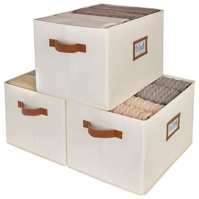 StorageWorks 32L Decorative Storage Bins for Shelves, Closet Storage Baskets with PU Handles, Hand Wash, Canvas, Ivory White, Jumbo, 3-Pack
