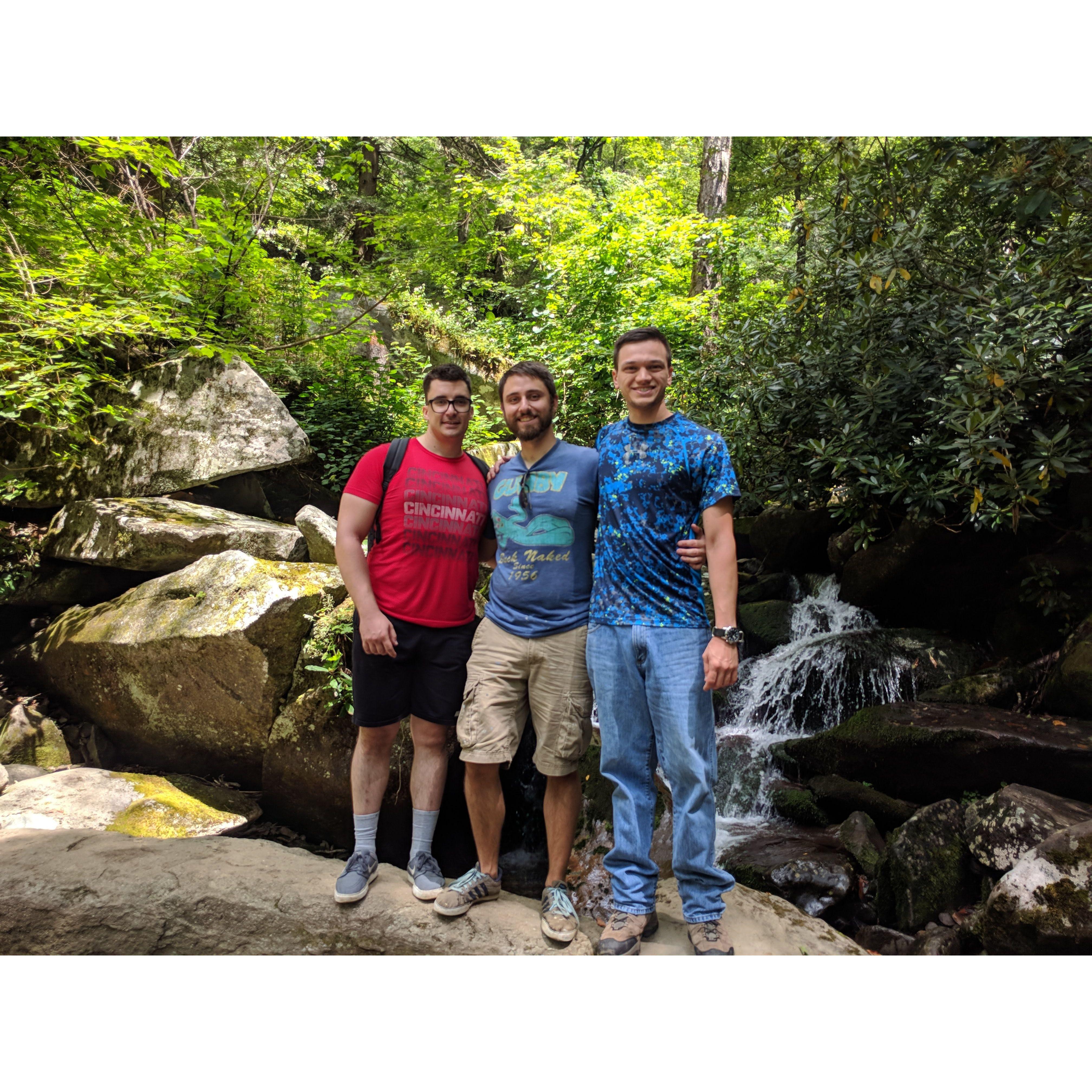 Kevin, Will (Best Man), and Marcus (Groomsman) hiking in Gatlinburg