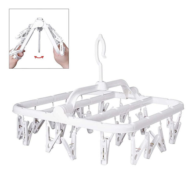 Annaklin Foldable Clip Hangers with 26 Drying Clips, Underwear Hanger with Clips, Plastic Laundry Clip and Drip Drying Hanger for Socks, Bras, Lingerie, Clothes, Sturdy, White