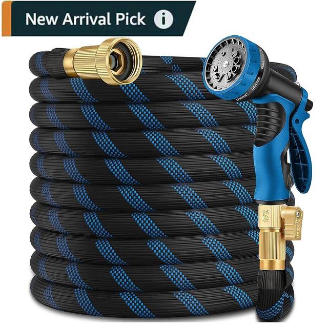 100 ft Garden Hose – 2025 New Lightweight & Flexible Hoses with 10-Function Spray Gun, Heavy-Duty Strength 3750D, Pure Brass 3/4” Fittings – Lightweight, Durable, and Kink-Free(Blue Black)