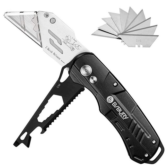 Utility Knife, BIBURY Multipurpose Carpet Knife, Double Cutter Head,Box Cutter with 10 Replaceable SK5 Stainless Steel Blades, Belt Clip,Quick Change and Safely Lock-Back Design (black)