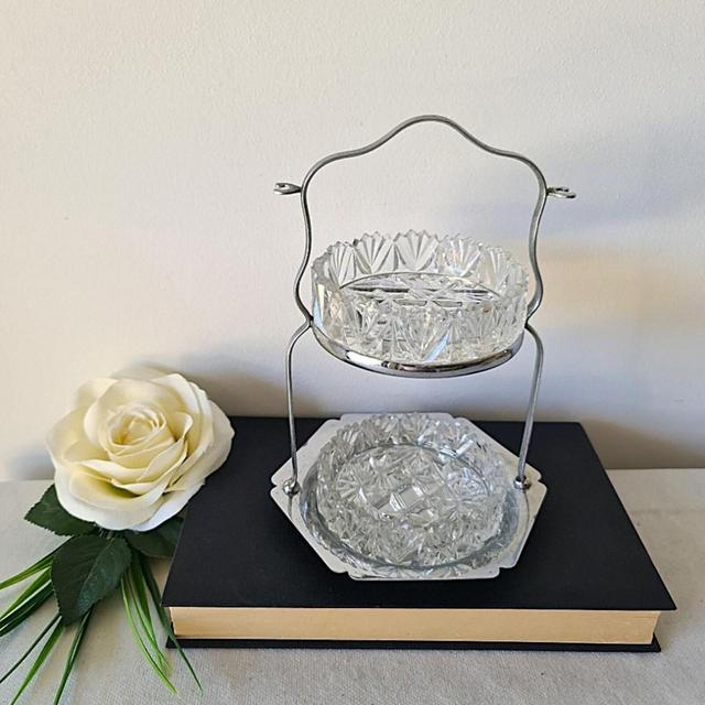 Silver Butter, Jam, Caviar Dishes with Stand, Crusader Stainless Steel & Crystal Vintage 2 Tier Small Serving Dishes, Great Gift