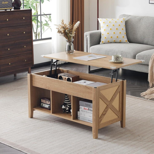 VINGLI Lift Top Coffee Table, Oak Top with Rattan Frame, Farmhouse Cross-Sided Design, with Storage Shelf/Hidden Compartment, Gas Lift Mesa De Centro para Sala Pop Up Coffee Table