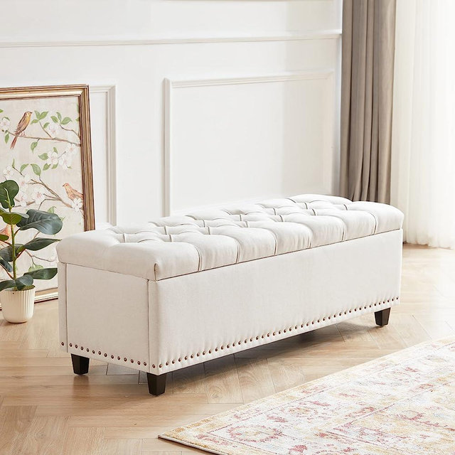 Tbfit Ottoman with Storage，50.8-inch Storage Bench with Button-Tufted，End of Bed Storage Bench Safety Hinge with Rivets,Large Storage Ottoman Bench for Bedroom, Living Room, Foot of Bed (Beige)