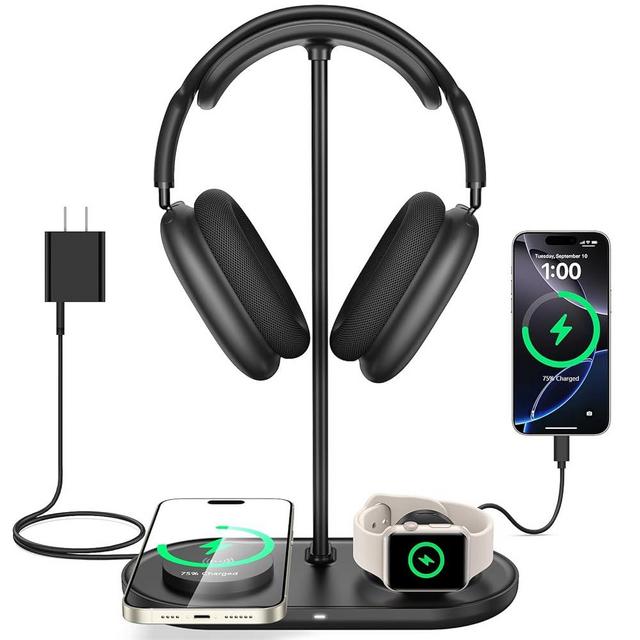 TopMade 4-in-1 Headphone Stand for Desk with Wireless Charger & USB Charger for iPhone/AirPods/iWatch/Samsung, Universal Desktop Headset Holder for Airpods Max, Bose, Beats and More, Black