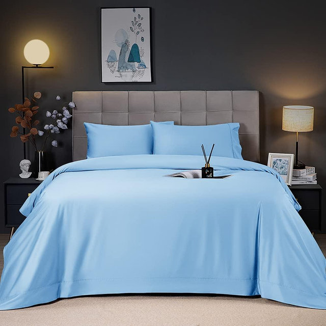 Shilucheng Cooling Breathable Bamboo Bed Sheets Set - Queen Size,1800 Thread Count Super Silky Soft with 16 Inch Deep Pocket, Machine Washable, 4 Piece(Queen,Lake Blue)