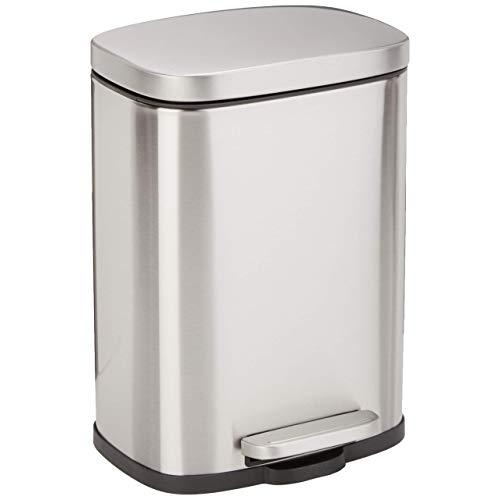 AmazonBasics Rectangle Soft-Close Trash Can - 5L, Satin Nickel