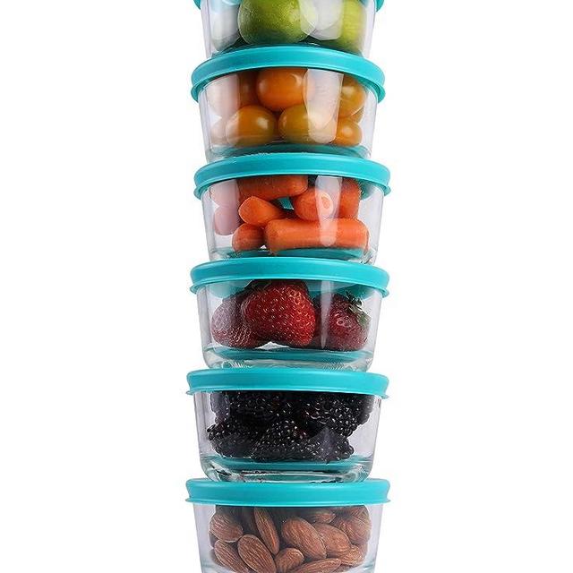 BOVADO USA 2 Cup Glass Food Storage Containers (6 Pack) | Nonpourous Dishwasher, Freezer & Oven Safe Glass, Easy-Clean | Teal Lids