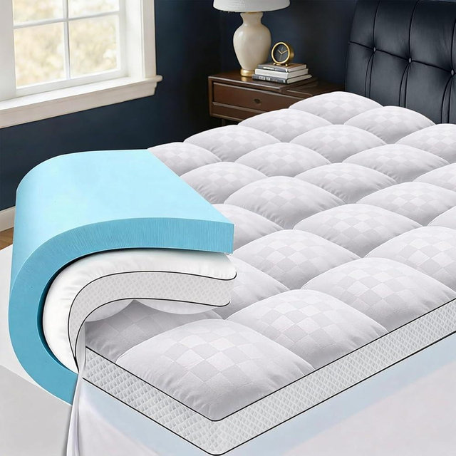 Easthome King Size Dual Layer 4 Inch Memory Foam Mattress Topper, 2 Inch Gel Memory Foam and 2 Inch Pillow Top Mattress Pad Cover, Thick Soft Bed Topper Medium Support for Back Pain, White