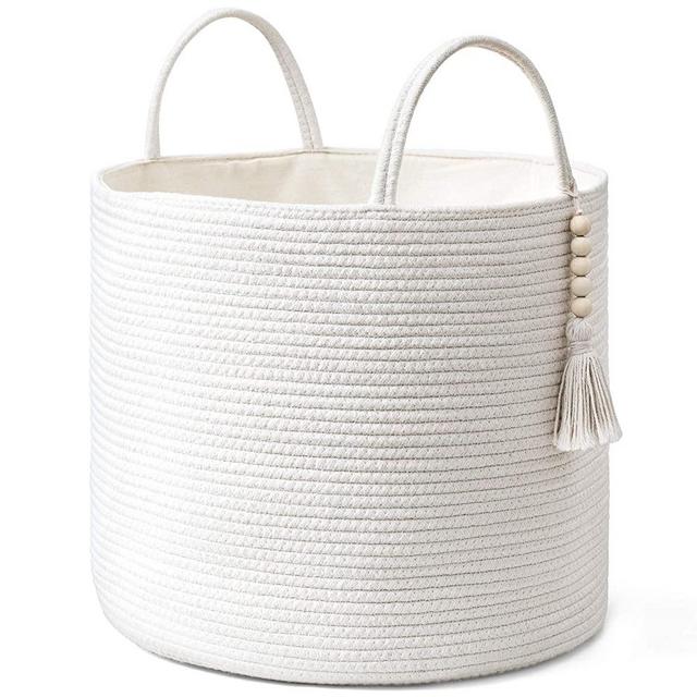 Mkono Woven Storage Basket Decorative Natural Rope Basket Wooden Bead Decoration for Blankets,Toys,Clothes,Shoes,Plant Organizer Bin with Handles Living Room Home Decor, White, 16" W × 13.8" L