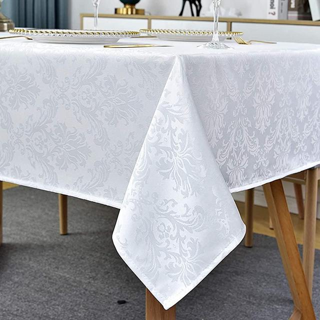 Rectangle Tablecloth - 60 x 102 Inch White Damask Table Cloth Jacquard Design Spill Proof Wrinkle Resistant Waterproof Soft Polyester Oblong Table Cover for Kitchen Parties Tabletop