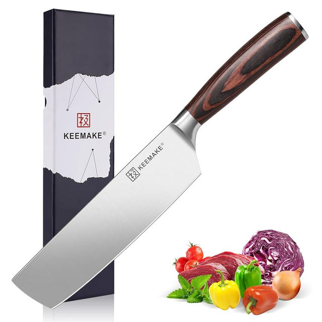 KEEMAKE Nakiri Knife 7 Inch - Sharp Meat Cleaver with High Carbon Stainless Steel Blade, Japanese Kitchen Vegetable Cooking Knife with Ergonomic Pakkawood Handle and Gift Box Included