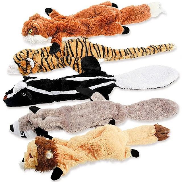 Dog Squeaky Toys, No Stuffing Plush Chew Toy for Small Medium Dogs Puppy Aggressive Chewers Large Breed, 5 Pack Cute Animal Raccoon Squirrel Tiger Fox and Lion, Tough Durable Teething Interactive Gift