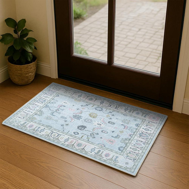 Fame Living Cream Blue Oushak Rug, Modern Small Rugs, Vintage, Turkish, Eclectic, Floral, Pastel, Washable, Door Mat, Doormat for Indoor Entrance, Entryway, Kitchen, Bathroom, Bedroom, Laundry, 2'x3'