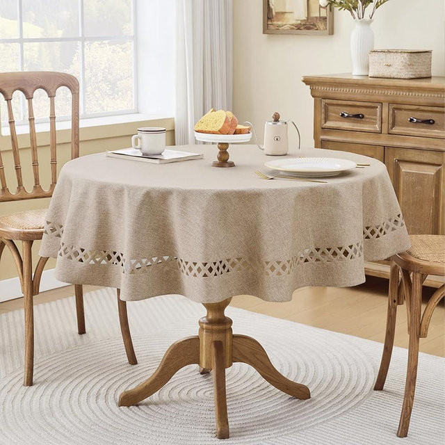 Aoztio Farmhouse Round Linen Textured Tablecloth Lattice Cutwork Waterproof & Stain Resistant Table Cloth Wrinkle Free Round Table Cover for Dining Room and Outdoor Party, 55 Inch Dia, Coffee