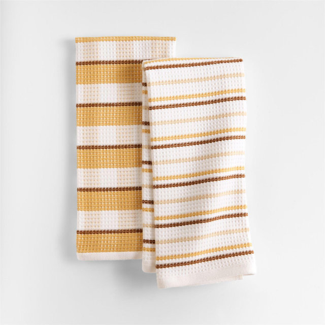 Waffle-Terry Plaid & Stripe Saffron Yellow Organic Cotton Kitchen Towels, Set of 2