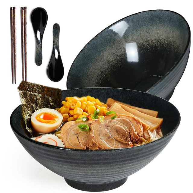 Niturceal 40 oz Ceramic Ramen Bowl Set of 2, Ramen Noodle Bowl with Spoons and Chopsticks 8 Inch Japanese Retro Style Large Soup, Pho, Udon Bowls, Microwave & Dishwasher Safe, Black