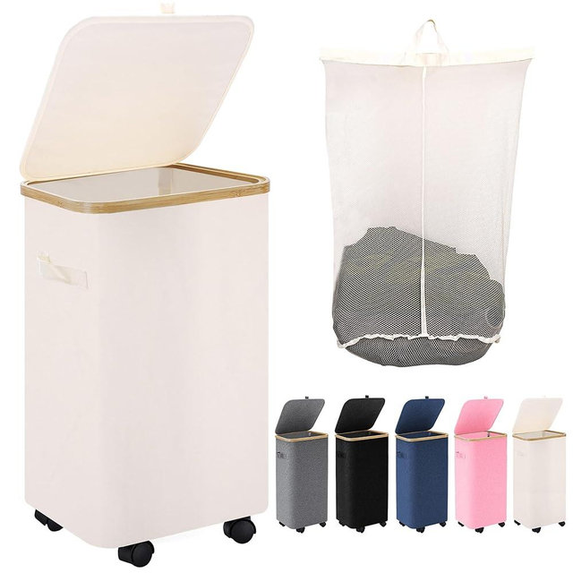 Laundry Hamper with Wheels,20 Gal (75L) Laundry Basket with lid Rolling Clothes Hamper Foldable Dirty Clothes Basket on wheels with Bamboo Frame and Bag for Bedroom, Dorm, Laundry Room-Off White