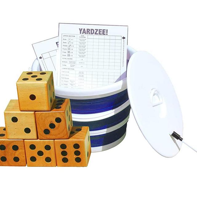 Jungle Gym Kingdom Yardzee & Yard Farkle Giant Wooden 6 Dice Set for Outdoor Fun Lawn Games Picnic Barbeque Party Tailgaiting & Special Events with Collapsible Bucket & Lid Scorecards & Markers - Blue