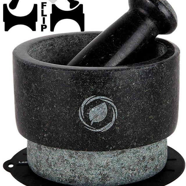 Mortar and Pestle Set Granite - 5.6 Inch, 2.2 Cup - Unique Double Sided - Pestle and Mortar Bowl Solid Stone Grinder - Guacamole Mortar and Pestle Large - INCLUDED: Silicone Lid/Mat and Spoon