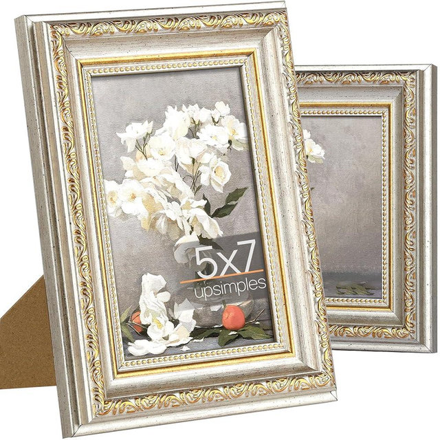 upsimples 5x7 Picture Frame with Real Glass, Ornate Vintage 5 x 7 Photo Frames for Wall Decor or Tabletop Display, Gold and White, 2 Pack