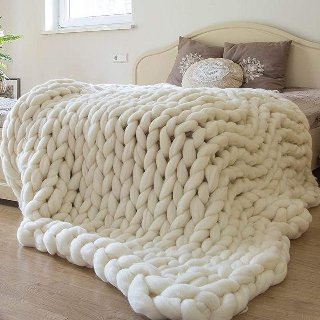 Chunky Knit Blanket Merino Wool Hand Made Throw Boho Bedroom Home Decor Giant Yarn,Milk White,47"x60"
