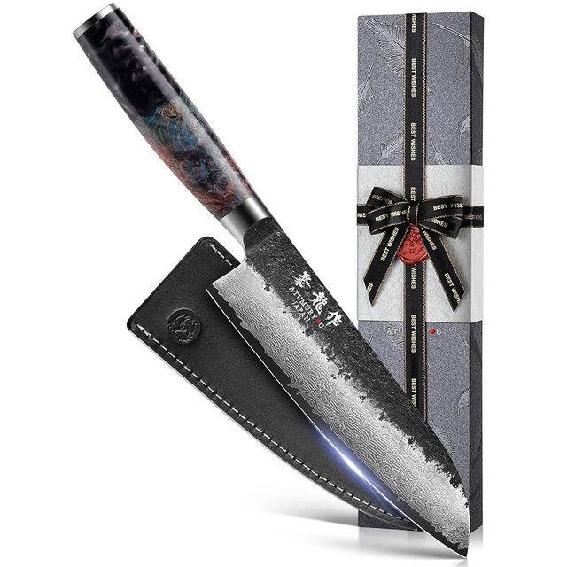 7 Inch Japanese Chef knife, 67 Layers Damascus Chef Knife with VG10 Steel Core, Professional Santoku Kitchen Knives with Ergonomic Handle, Leather Sheath & Luxury Gift Box, Cooking Gifts for Men Women