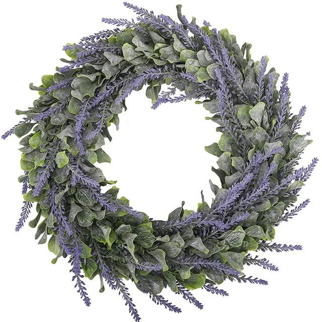 BOMAROLAN Artificial Lavender Wreath Flower 16 Inch Green Leaves Summer Fall Large DIY Wreaths Springtime for Outdoor Front Door Indoor Wall Or Window Décor