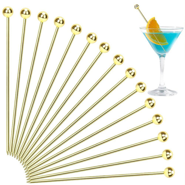 15PCS Gold Cocktail Picks for Drinks, Stainless Steel Fancy Cocktail Toothpicks, Reusable Metal Cocktail Skewers, 4.3 IN Party Garnish Sticks Martini Picks for Olives Appetizers Fruit Bloody Mary