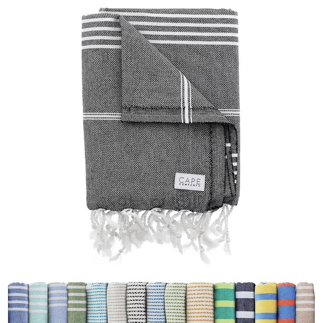 Cape Comforts Large Turkish Beach Towel, Classic Black - Super Soft & Lightweight Quick Dry Absorbent Towels for Beach, Picnic Blanket or Bath Towel - Sand Free Organic Turkish Cotton Yarn