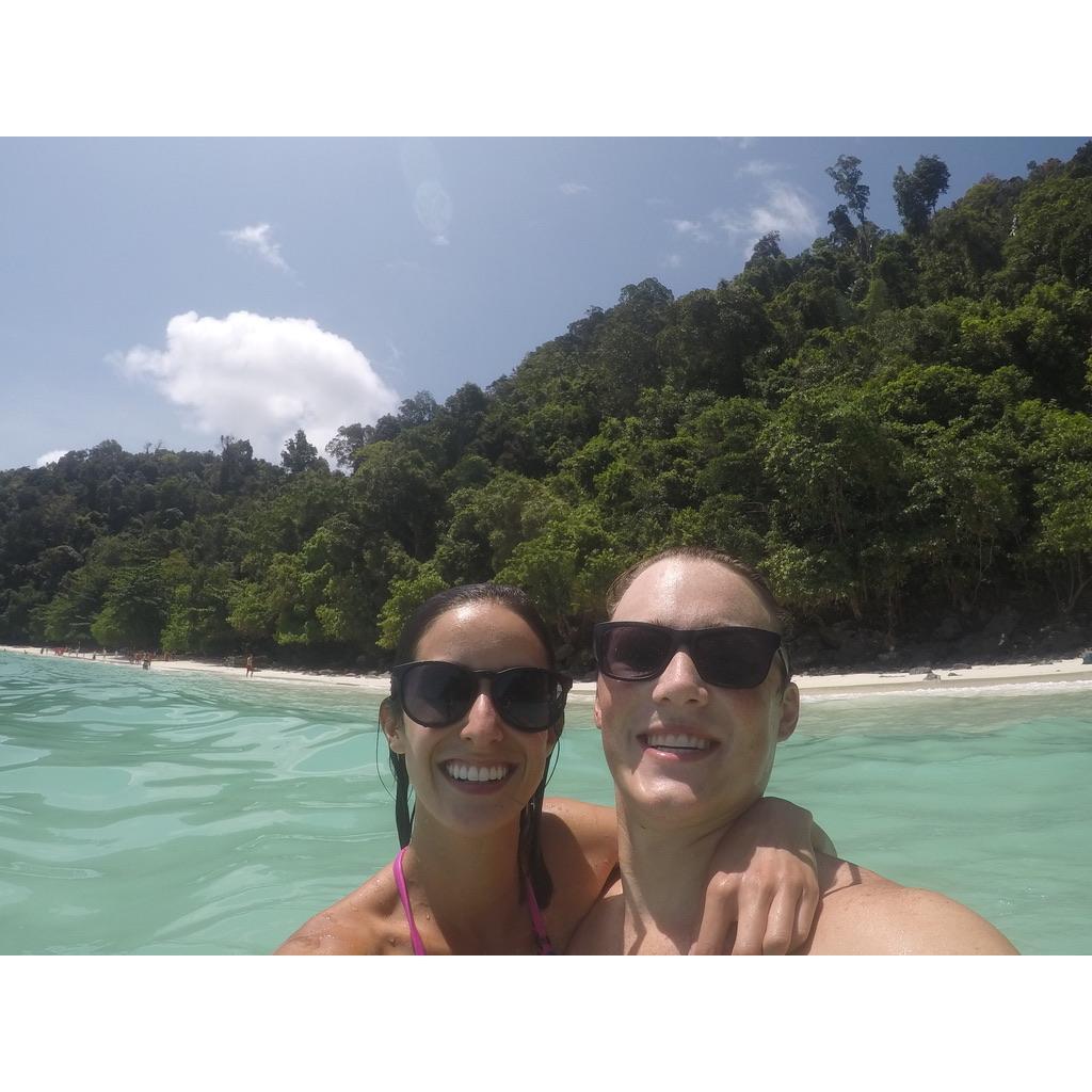 On an island in Thailand (we may have almost capsized our kayak on the way to the beach)
