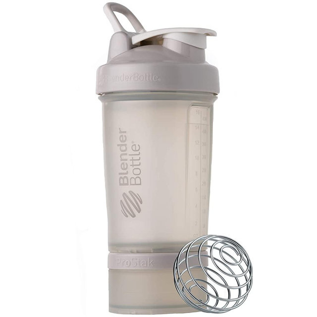 BlenderBottle Shaker Bottle with Pill Organizer and Storage for Protein Powder, ProStak System, 22-Ounce, Smoke Grey
