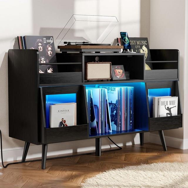 MULEJYBO XL Record Player Stand with Sliding Door,500 Vinyl Record Storage Cabinet, Record Player Table with Power Outlet & LED Light,Turntable Stand with Wood Legs for Living Room,Office