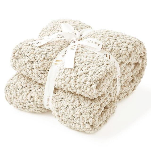 Amélie Home Textured Mulberry Woven Farmhouse Throw Blanket with Tassels Chunky Boho Knit Throw Blanket Room Decor (Ivory, 50'' x 60'')
