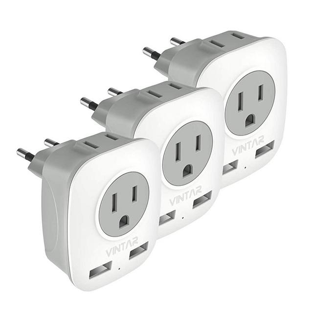 [3-Pack] European Travel Plug Adapter, VINTAR International Power Adaptor with 2 USB Ports,2 American Outlets- 4 in 1 European Plug Adapter for France, Germany, Greece, Italy, Israel, Spain (Type C)
