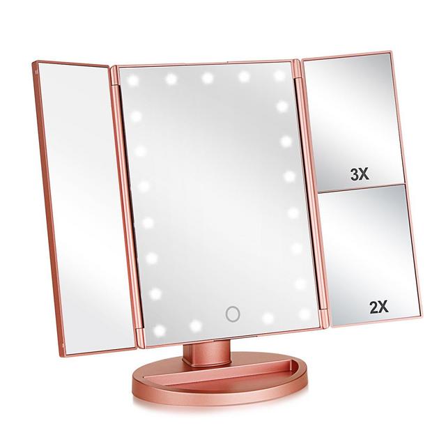 Tri-fold Lighted Vanity Makeup Mirror with 3x/2x Magnification,21 Leds Light and Touch Screen,180 Degree Free Rotation Countertop Cosmetic Mirror,Travel Makeup Mirror (Rose Gold)