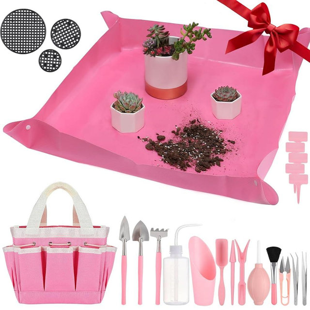 44 pcs Succulent Tool Set - 30.7in Indoor Plant Repotting Mat and 19 Pcs Mini Gardening Hand Tools Bag, Garden Plants Transplanting Supplies for Women Holiday Gardener Gifts Outdoor, Pink