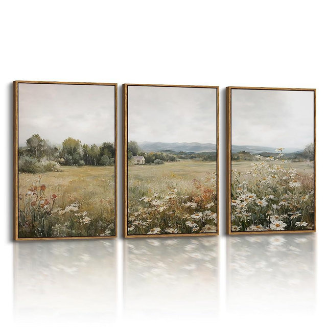 VIYYIEA Large Framed Landscape Wall Art for Living Room Bedroom, 3 Pcs Canvas Picture, 24x16in, Beige Green Decor, Daisy Field Nature Vintage Paintings, Oversized Artwork
