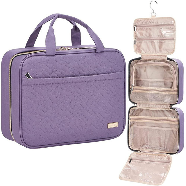NISHEL Large Hanging Travel Toiletry Bag, Portable Makeup Organizer, Cosmetic Holder for Brushes Set, Full-Sized Shampoo, Conditioner, Accessories, Purple