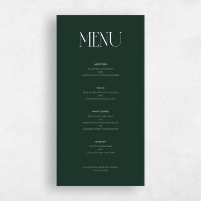 Dark Forest, Green Wedding Menu - Amberley