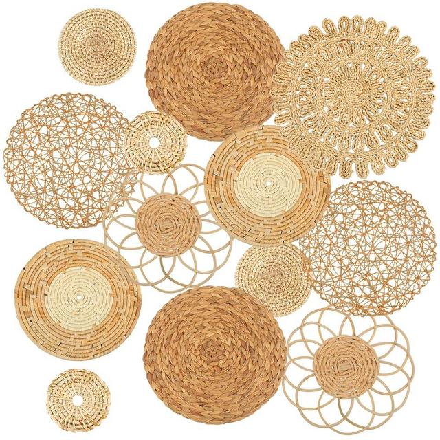 Glenmal Set of 13 Boho Wall Basket Decor Woven Rattan Bamboo Seagrass Wall Baskets Decor Handmade Boho Wall Hanging Decor for Bedroom Living Room Dining Room Office Ready to Hang with Nails (Classic)
