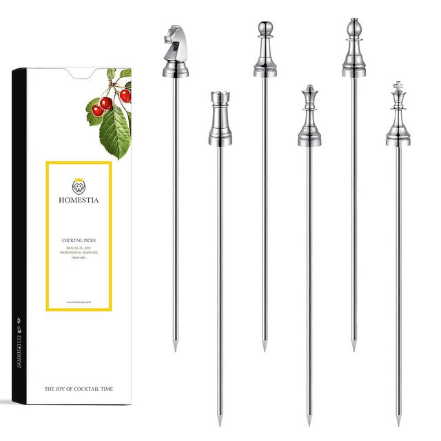 Homestia Metal Chess Cocktail Picks, 6 Pcs 4.7 Inch Reusable Stainless Steel Chess Metal Toothpicks for Appetizers Sandwich Fruit Skewers Martini Picks Stick for Party Holiday Supplies