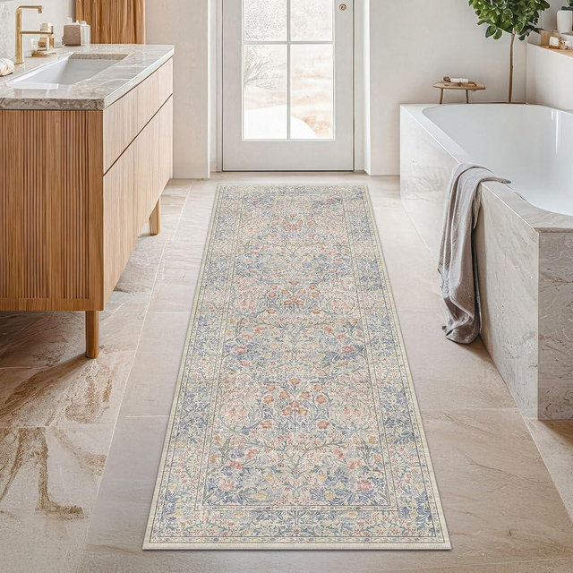 Hazo Haus Washable Bathroom Runner Rug 2x6 - Long Runner Rugs for Laundry Room, Bedroom, 24 x 72 Kitchen Floor Mat - Non Slip Vintage Design Décor, Beige Blue