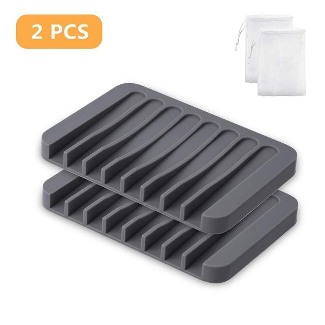YAKO 2Pcs Soap Dish for Shower, Bar Soap Holder Shower, Soap Saver Tray for Shower Bathroom Kitchen, Premium Flexible Silicone Soap Dishes with Draining Tray, Keep Dry, Non-Slip, Easy Cleaning, Gray