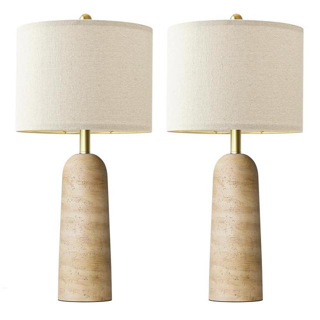 BOBOMOMO 27.25" Modern Table Lamp Set of 2, Beige Resin Lamp with Natural Stone Look, Travertine Lamps for Living Room with Linen Shades, Bedside Lamp for Bedroom, Living Room, Nightstand, Entryway