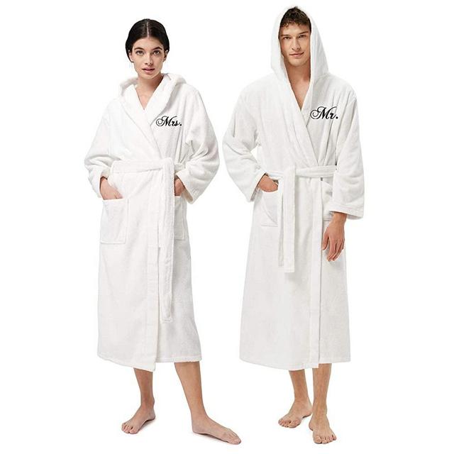 AW BRIDAL Terry Cloth Robe Hooded Bathrobes Turkish Cotton Towel Robe Lightweight with Embroidery for Men Women