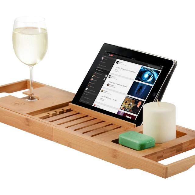 Premium Bamboo Bathtub Tray Caddy - Expandable Wood Bath Tray with Book/Tablat Holder, Wine Glass Slot- Gift Idea for Loved Ones