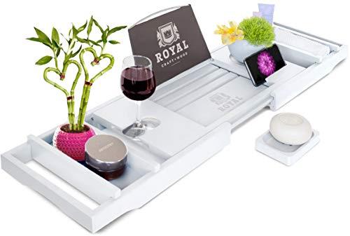 ROYAL CRAFT WOOD Bamboo Bathtub Caddy Tray with Wine and Book Holder - One or Two Person Bath Tray with Extending Sides - Free Soap Dish - White