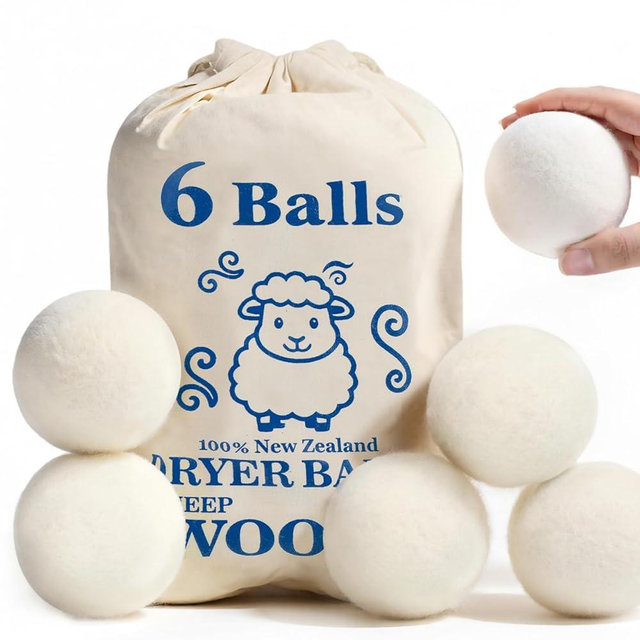 Wool Dryer Balls, New Zealand Dryer Balls Laundry Reusable Reduce Static Cling, Dryer Ball to Reduce Wrinkles & Shorten Drying Time, Drying Balls Fabric Softener Ball for Laundry（Pack of 6)